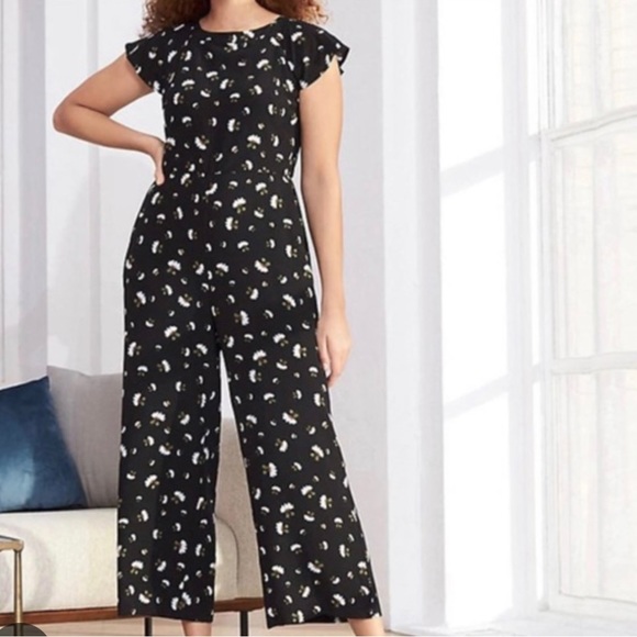 Ann Taylor LOFT Black Floral Sleeveless Wide Leg Jumpsuit Women's - Picture 4 of 5